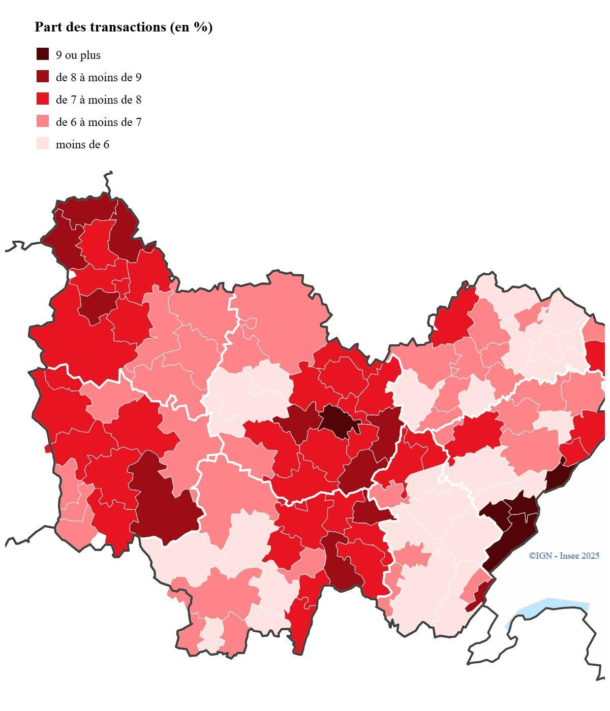 Het percentage woningen dat werd verkocht: Insee, recensement de la population ; Cerema, DV3F. Aflopend van 9% of meer (donkerrood) naar minder dan 6% (lichtrood).