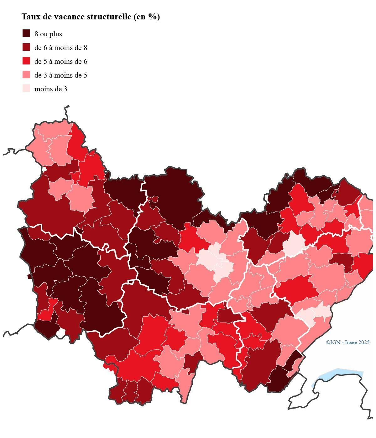 Het percentage structurele leegstand: Insee, recensement de la population ; Cerema, LOVAC 2024, IGN – Insee 2025. ﻿ Aflopend van 8% of meer (donkerrood) naar minder dan 3% (lichtrood). Het linkse deel is Bourgondië: linksboven de Yonne met daarnaast de Côte-d'Or, linksonder de Niévre met daarnaast de Saône-et-Loire. ﻿Rechts Franche-Comté.